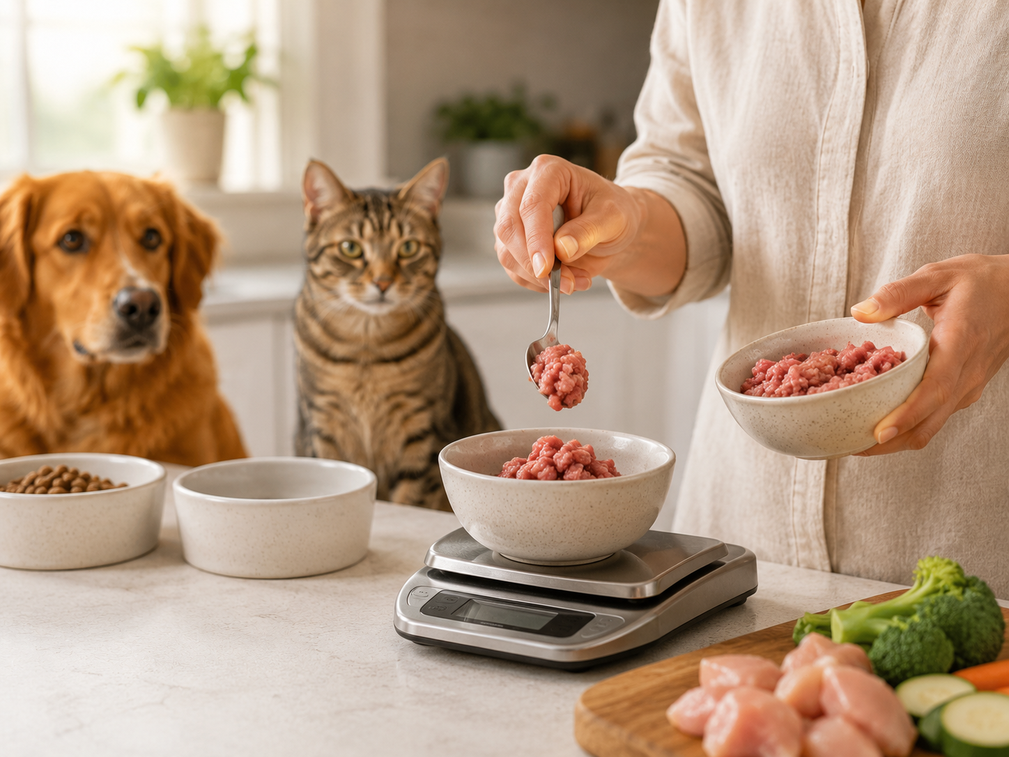 Dog and cat enjoying pet food